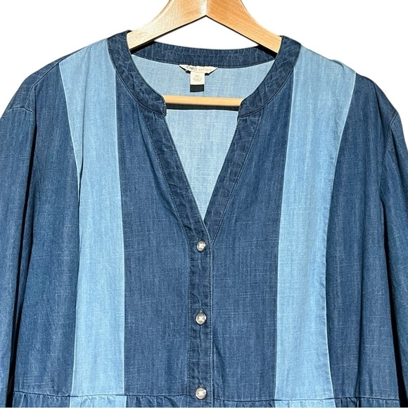 Patchwork Two-Tone Denim Smock Shirt Dress Tunic 3/4 Sleeve Flounce Hem Pockets - Picture 2 of 12